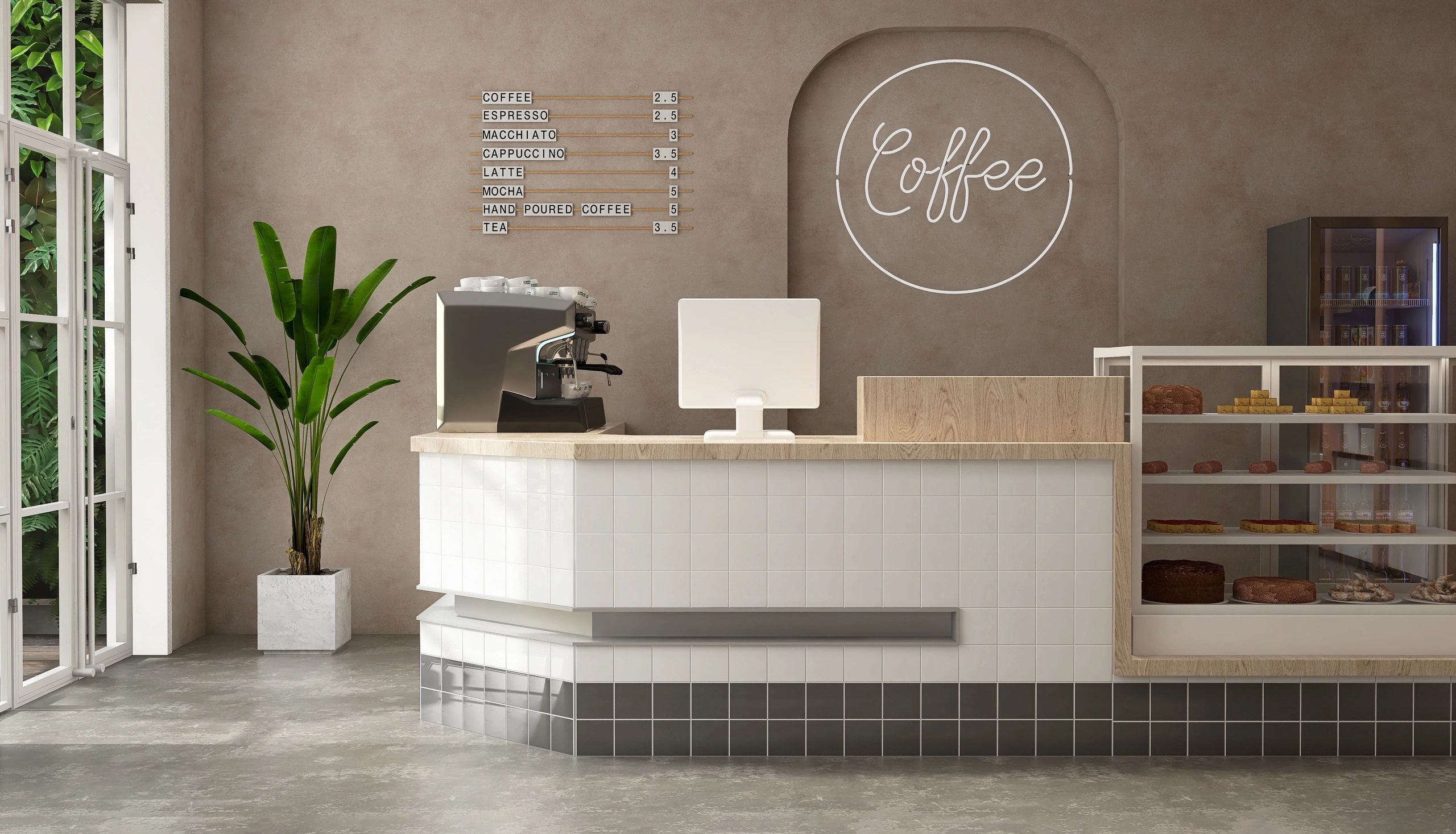 Cake display case in a modern bakery interior