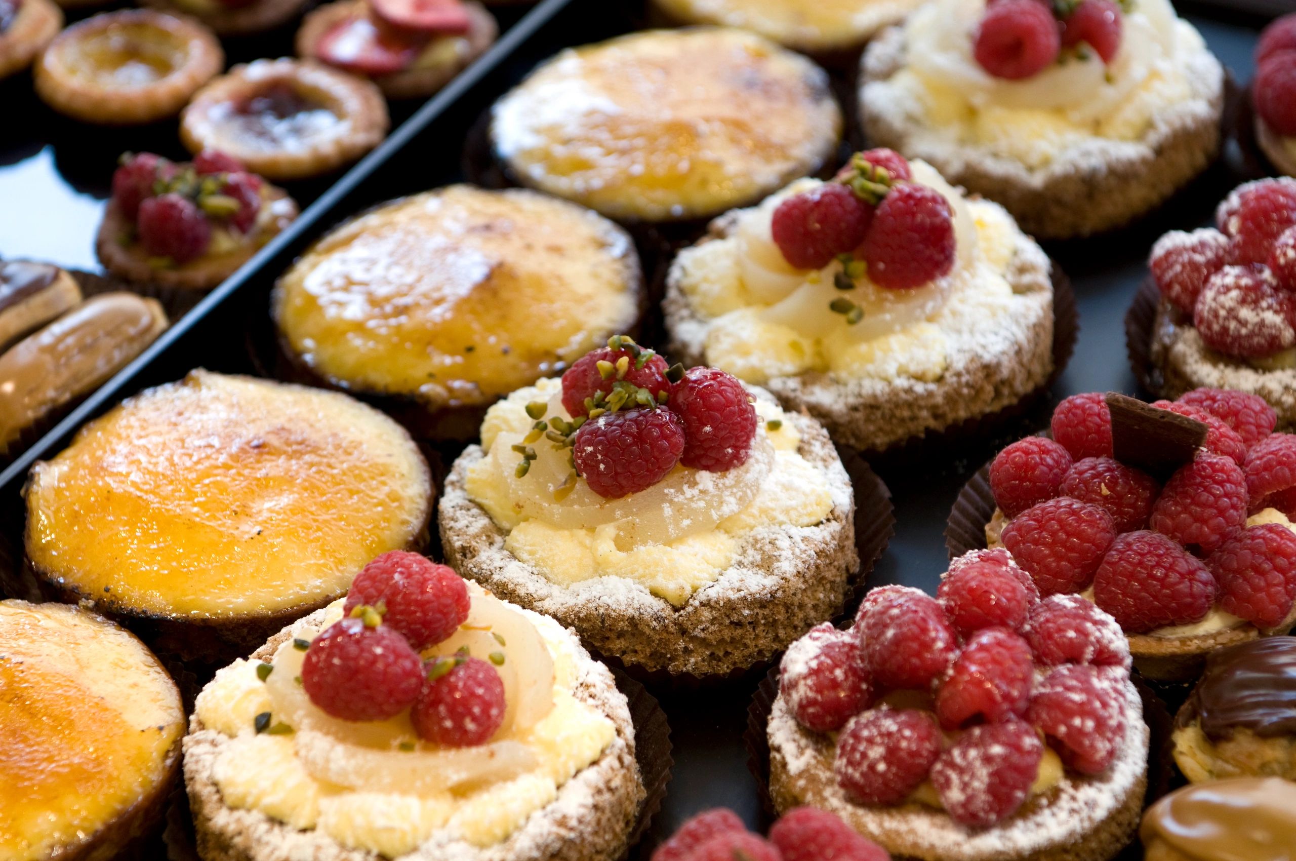 Assorted French pastries and desserts on display